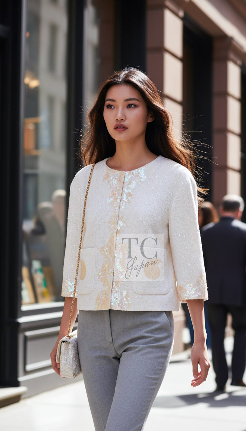 CHANEL Jacket 12S Creme Ivory Cotton Seashell Mosaic Decoration Cream 36 40 42 | HK