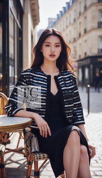 シャネル ジャケット CHANEL 22C ブラック スパンコール グリッター ストレッチ ジャージー ノーカラー 38 40 42