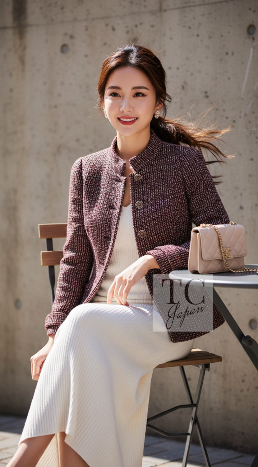 シャネル ジャケット スカート スーツ CHANEL 12PF バーガンディ レッド バーガンディー ワイン グリポア宝石ボタン 34