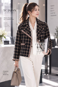 CHANEL Jacket 21S Black Beige Silk Cotton Tweed Silver Chain Trim No.5 Button 38 42 44 | TW
