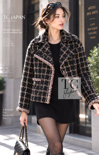 CHANEL Jacket 21S Black Beige Silk Cotton Tweed Silver Chain Trim No.5 Button 38 42 44 | TW
