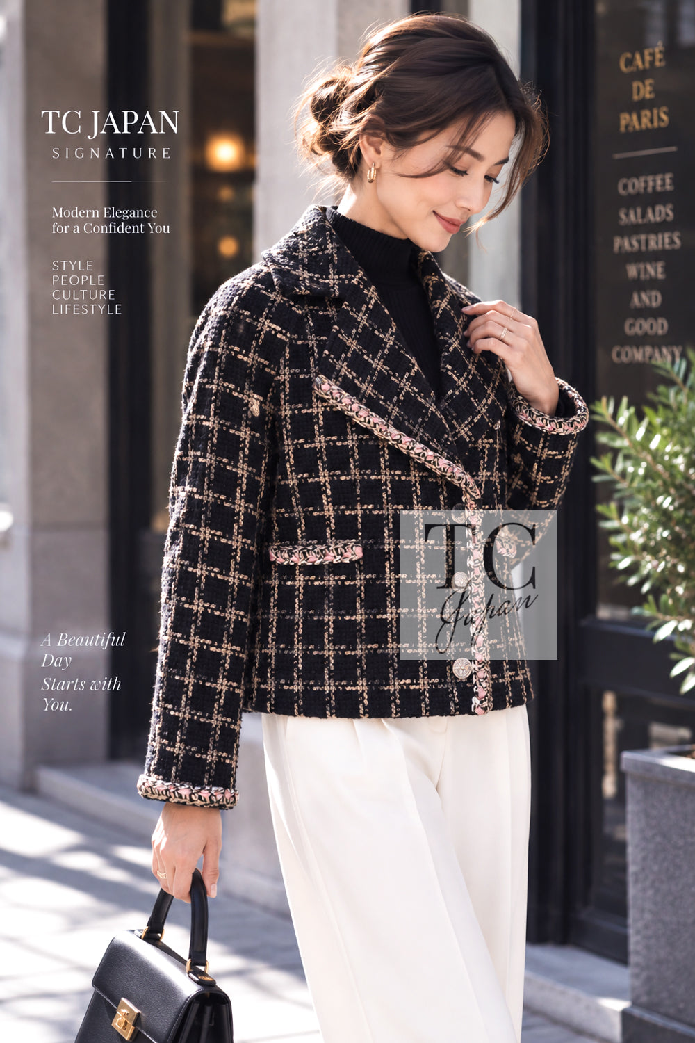 CHANEL Jacket 21S Black Beige Silk Cotton Tweed Silver Chain Trim No.5 Button 38 42 44 | TW