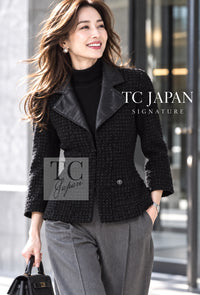 シャネル ワンピース CHANEL 14A ブラック ウール ツイード カーフ レザー ツイード 38