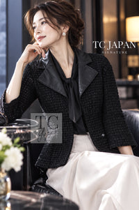 シャネル ワンピース CHANEL 14A ブラック ウール ツイード カーフ レザー ツイード 38