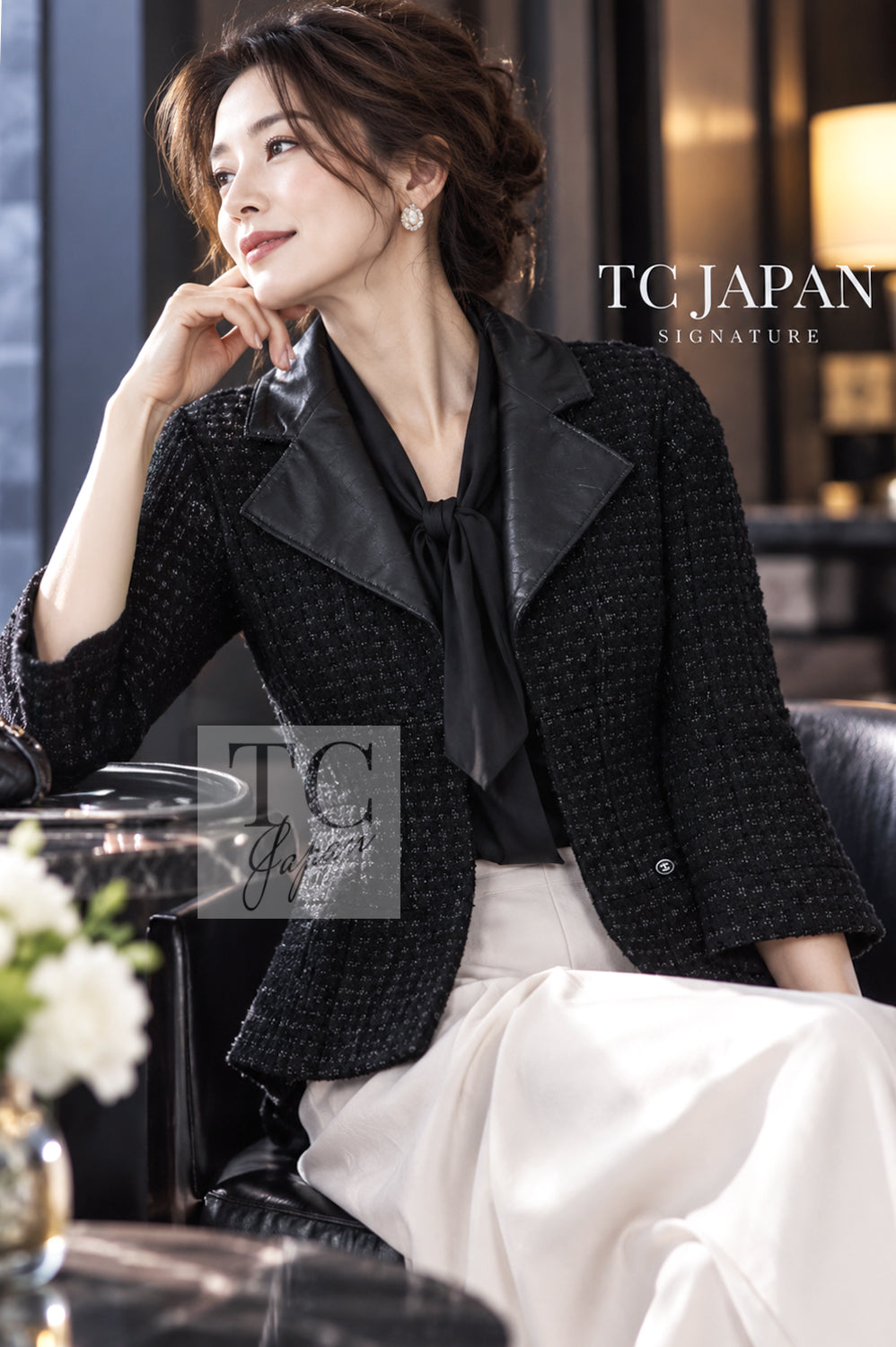 シャネル ワンピース CHANEL 14A ブラック ウール ツイード カーフ レザー ツイード 38