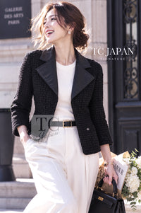 CHANEL Jacket 14A Black Leather Collar Zipup Wool Tweed 34 38 40 | TW