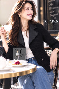 CHANEL Jacket 14A Black Leather Collar Zipup Wool Tweed 34 38 40 | TW