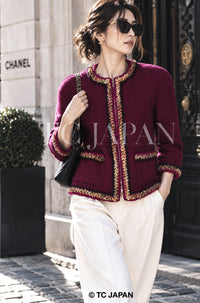 CHANEL Jacket 14A Wine Magenta Plum Wool Tweed Zipper 36 | US