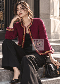 CHANEL Jacket 14A Wine Magenta Plum Wool Tweed Zipper 36 | US