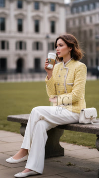 CHANEL Jacket 20S Yellow Stand Collar Braid Chain Trim Tweed Double 38 40 42 | UK