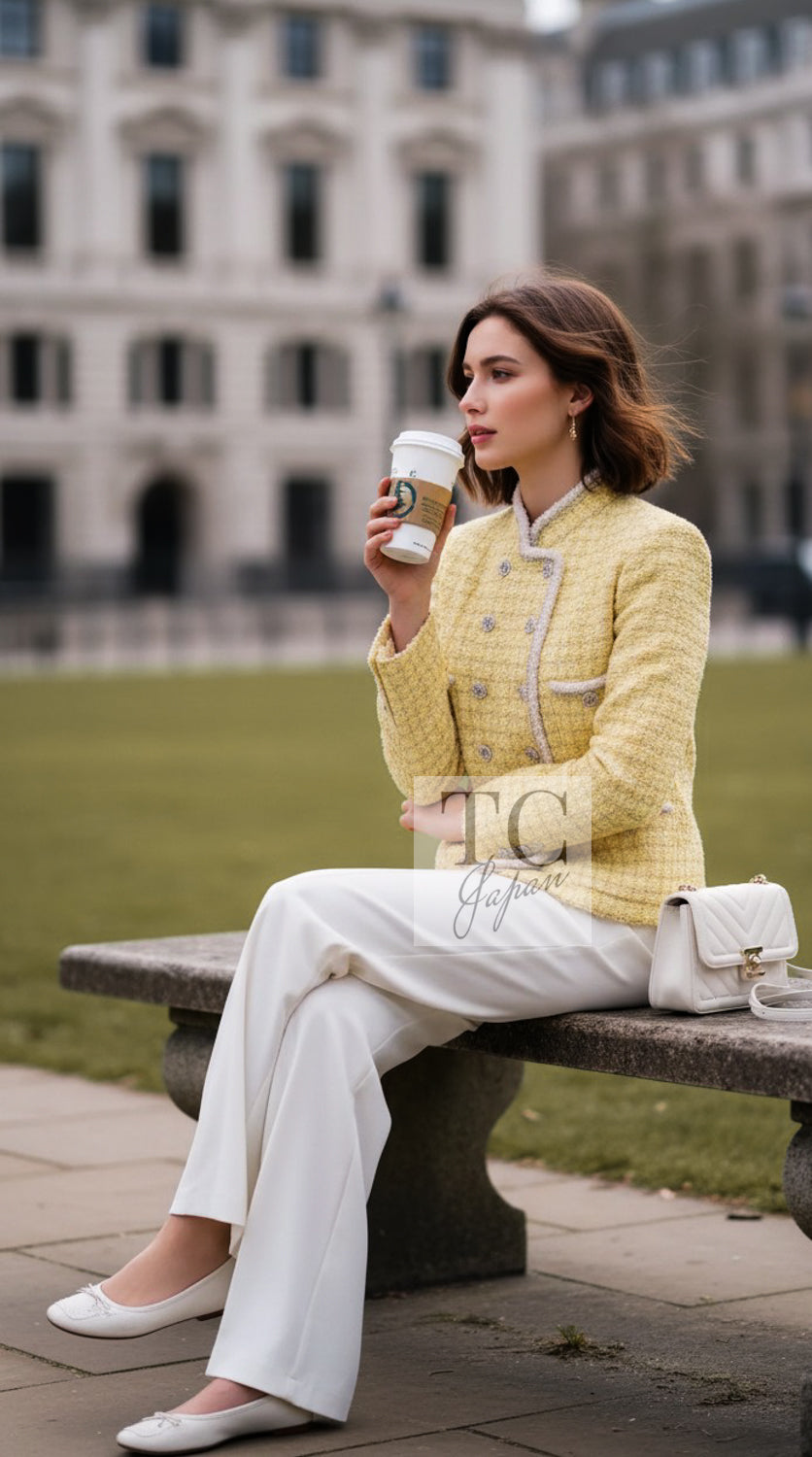 CHANEL Jacket 20S Yellow Stand Collar Braid Chain Trim Tweed Double 38 40 42 | UK