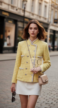 CHANEL Jacket 20S Yellow Stand Collar Braid Chain Trim Tweed Double 38 40 42 | UK