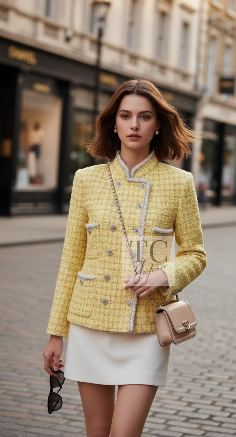 CHANEL Jacket 20S Yellow Stand Collar Braid Chain Trim Tweed Double 38 40 42 | UK