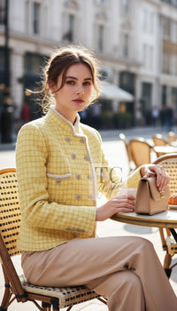 CHANEL Jacket 20S Yellow Stand Collar Braid Chain Trim Tweed Double 38 40 42 | UK