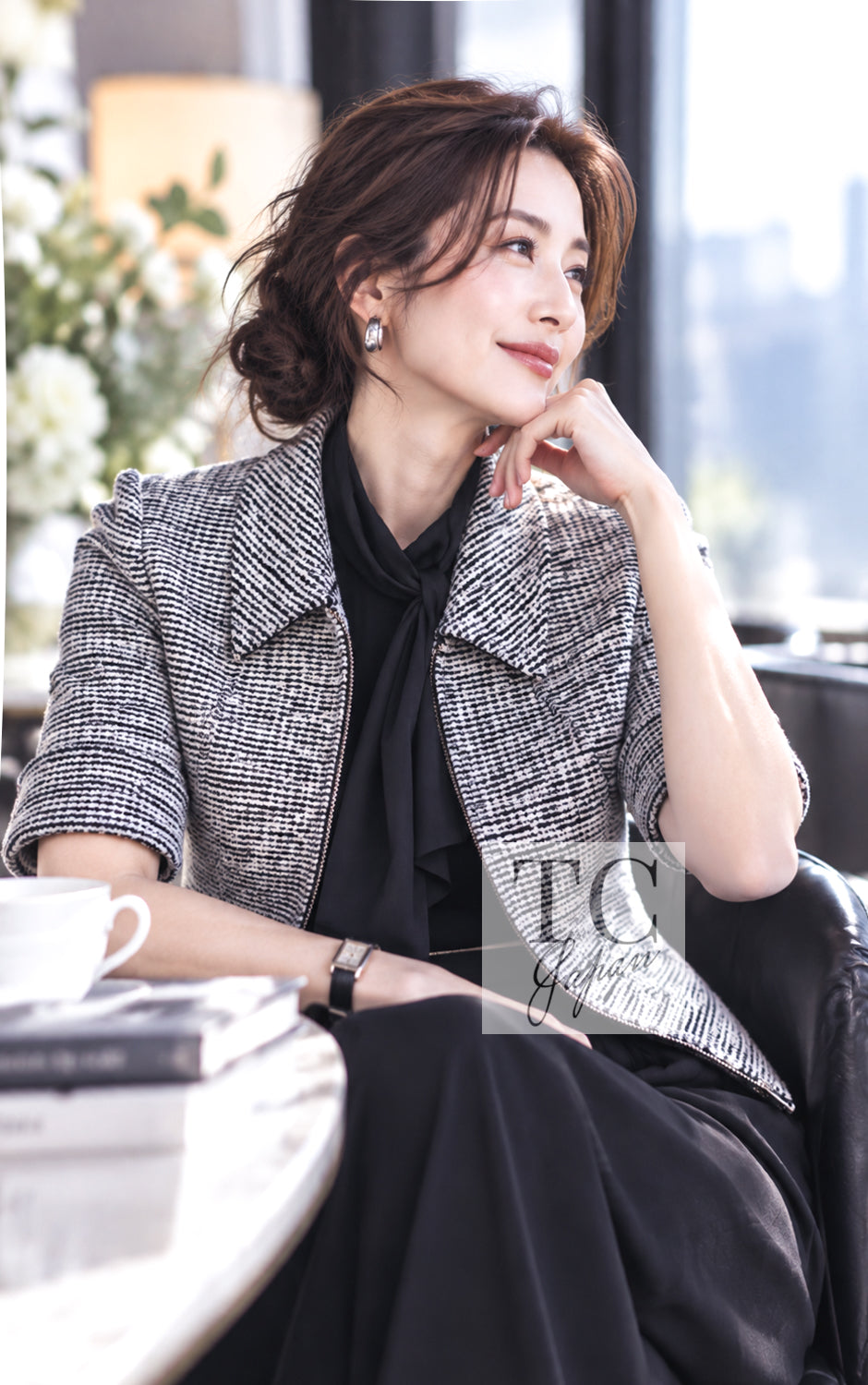 シャネル ジャケット CHANEL 19PS ホワイト ブルー ジッパー ツイード 38