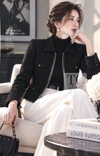 シャネル ジャケット CHANEL 11S ブラック チェーン ジッパー コットン チェーントリム 38