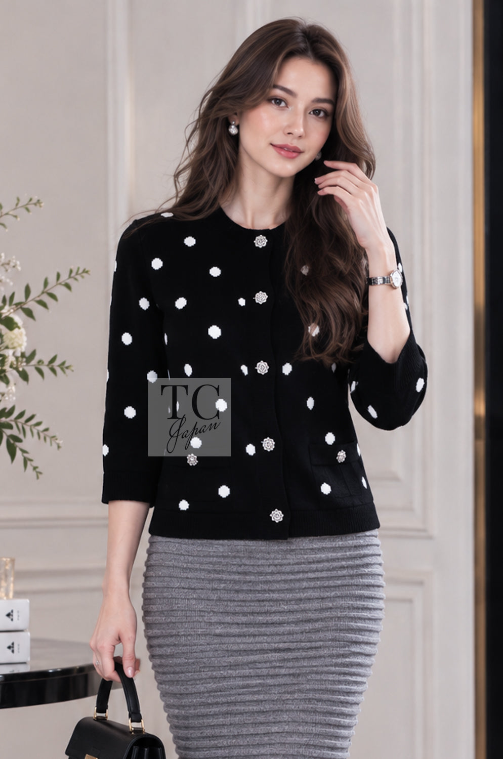 CHANEL Cardigan 08A Black Dot Logo Cashmere Knit 40 | INT