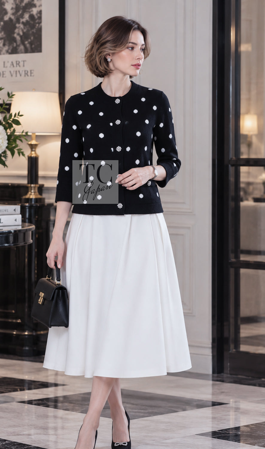 CHANEL Cardigan 08A Black Dot Logo Cashmere Knit 40 | INT
