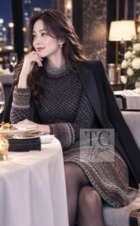 CHANEL Dress 11PF Paris Byzance Gold Thread Mix Wool Knit Navy Metallic 34 36 38 | US