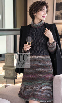 CHANEL Dress 11PF Paris Byzance Gold Thread Mix Wool Knit Navy Metallic 34 36 38 | US