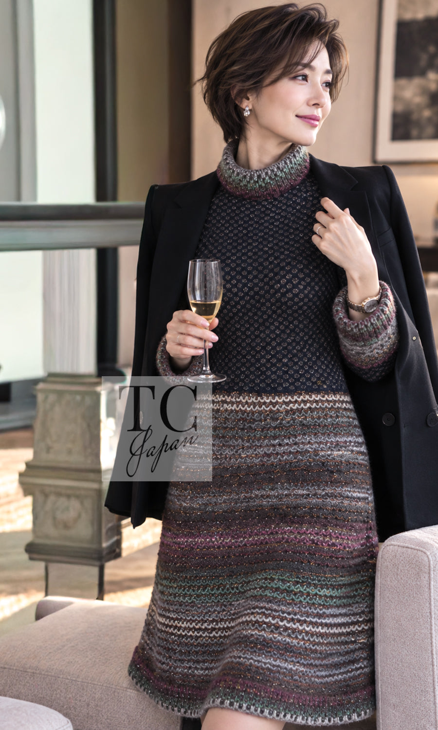CHANEL Dress 11PF Paris Byzance Gold Thread Mix Wool Knit Navy Metallic 34 36 38 | US