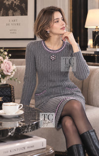 CHANEL Dress Top Skirt 08A Gray Cashmere Beads Trim Knit Skrit 34 36 | TW