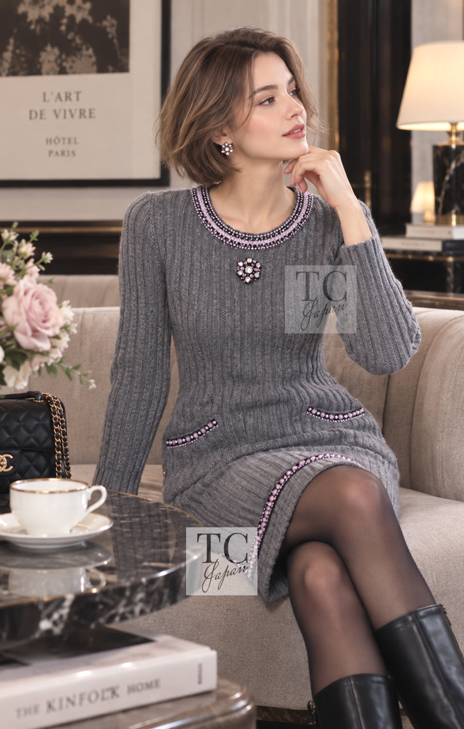 CHANEL Dress Top Skirt 08A Gray Cashmere Beads Trim Knit Skrit 34 36 | TW