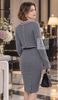 CHANEL Dress Top Skirt 08A Gray Cashmere Beads Trim Knit Skrit 34 36 | TW
