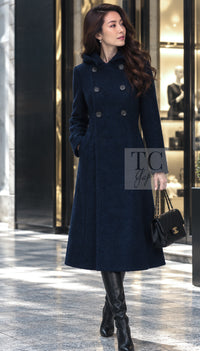 CHANEL Coat 12A Navy Wool Alpaca CC Logo Buttons Stand Collar Double 40 | UK