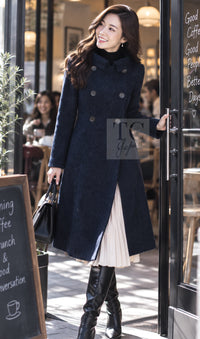 CHANEL Coat 12A Navy Wool Alpaca CC Logo Buttons Stand Collar Double 40 | UK