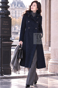CHANEL Coat 12A Navy Wool Alpaca CC Logo Buttons Stand Collar Double 40 | UK