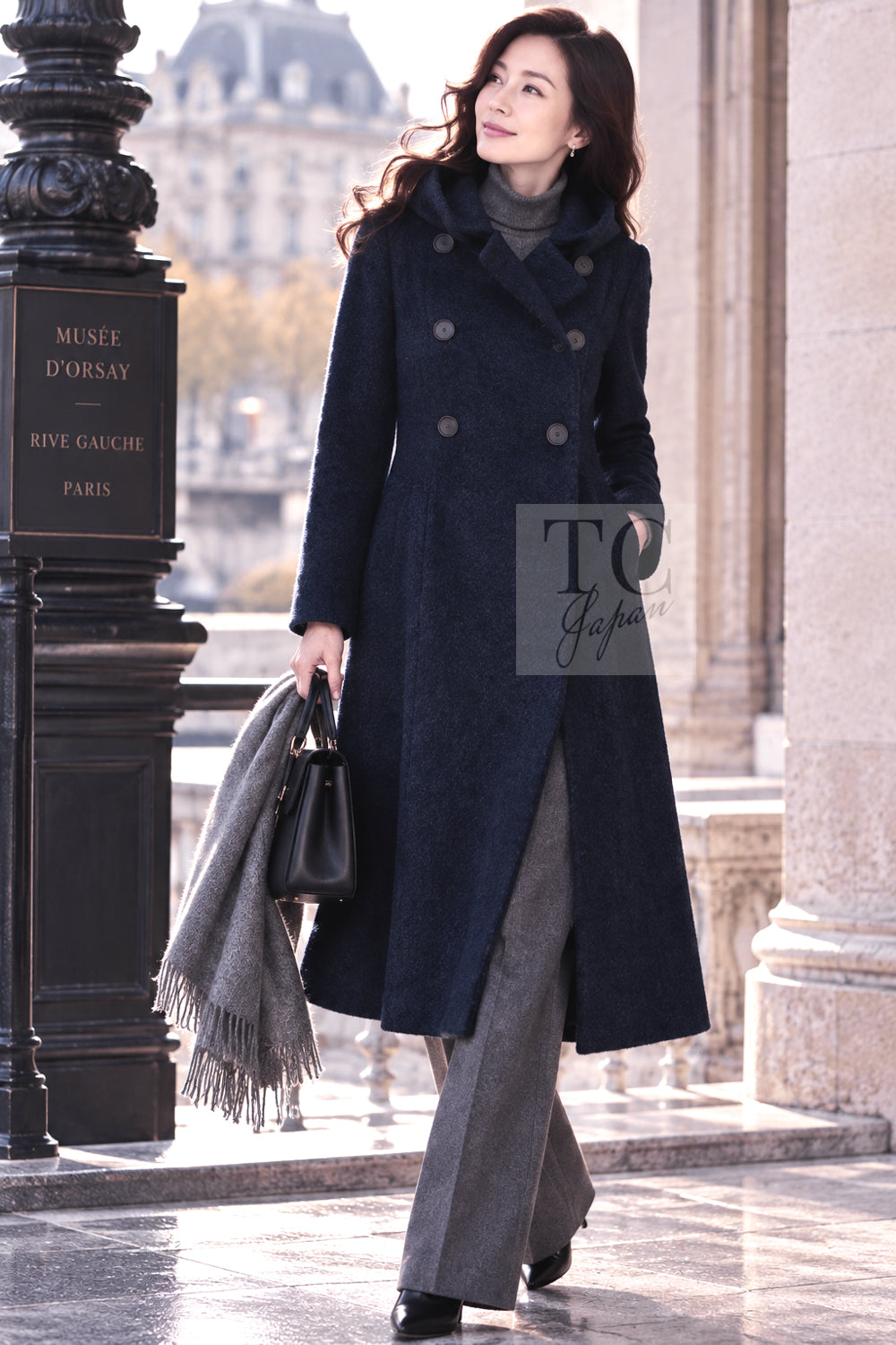 CHANEL Coat 12A Navy Wool Alpaca CC Logo Buttons Stand Collar Double 40 | UK