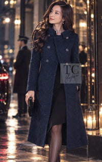 CHANEL Coat 12A Navy Wool Alpaca CC Logo Buttons Stand Collar Double 40 | UK