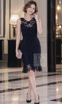 CHANEL Dress 08A Navy Waffle Lace Trim 34 | TW