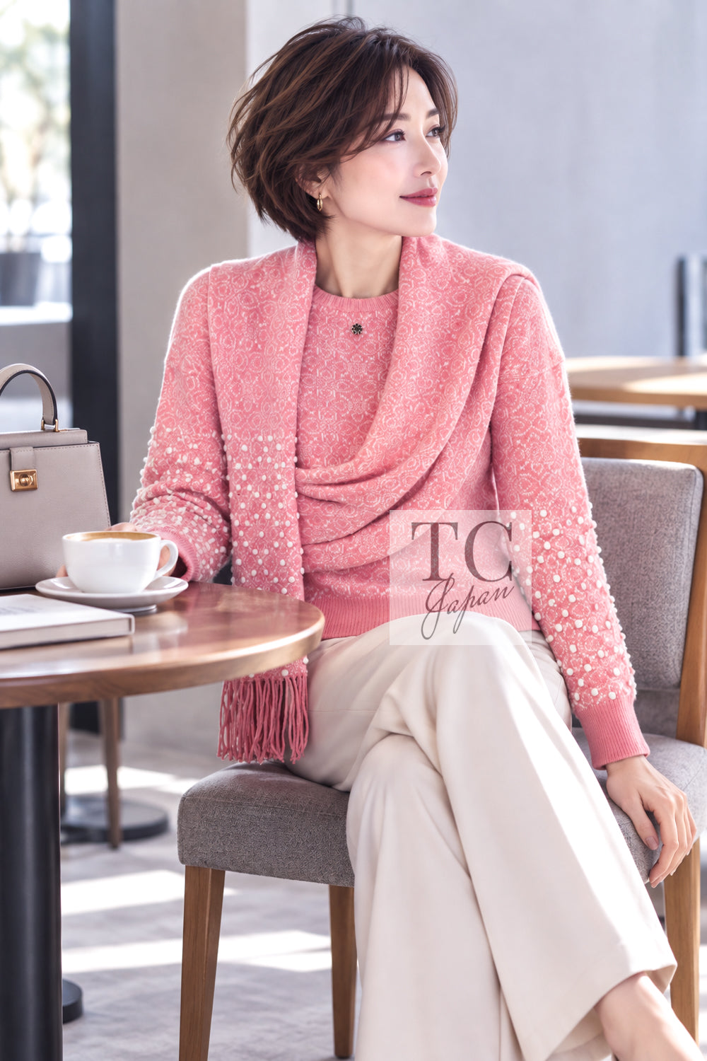 CHANEL Sweater 12PF Pink Ivory Scarf Gripoix Cashmere Knit 34 36 | UK