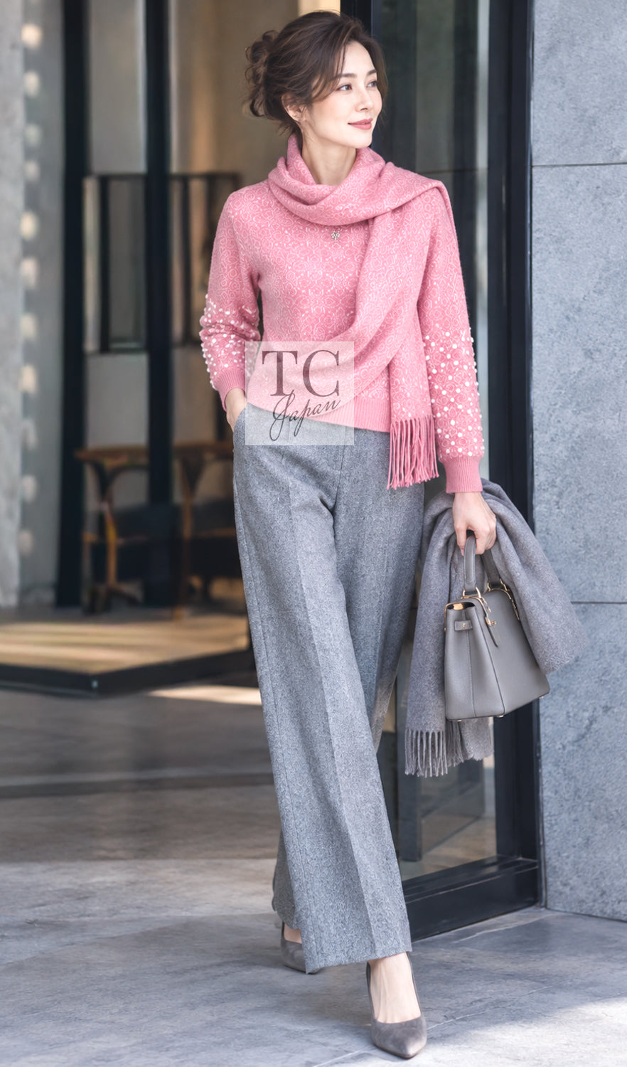 CHANEL Sweater 12PF Pink Ivory Scarf Gripoix Cashmere Knit 34 36 | UK