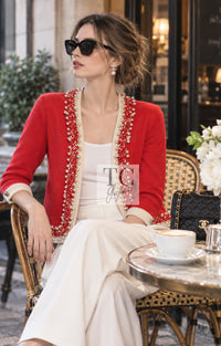 CHANEL Cardigan 10S Red Pearl Trimming Cashmere 100% Knit 38 40 | UK
