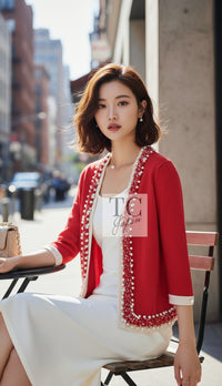 CHANEL Cardigan 10S Red Pearl Trimming Cashmere 100% Knit 38 40 | UK