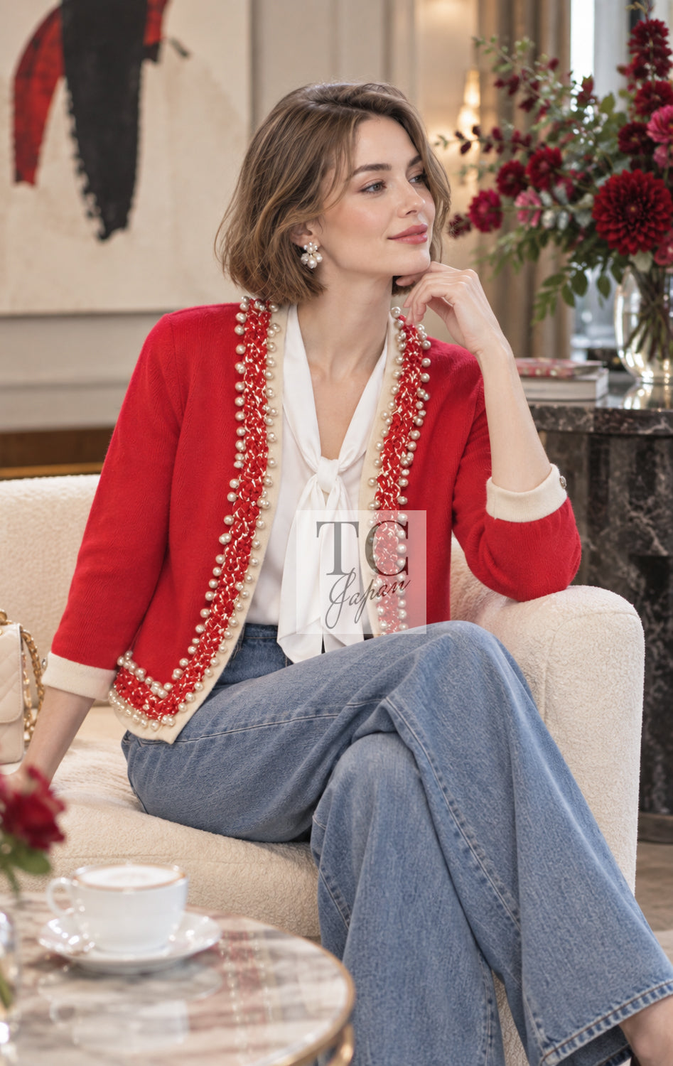 CHANEL Cardigan 10S Red Pearl Trimming Cashmere 100% Knit 38 40 | UK