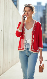 CHANEL Cardigan 10S Red Pearl Trimming Cashmere 100% Knit 38 40 | UK