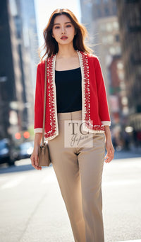 CHANEL Cardigan 10S Red Pearl Trimming Cashmere 100% Knit 38 40 | UK
