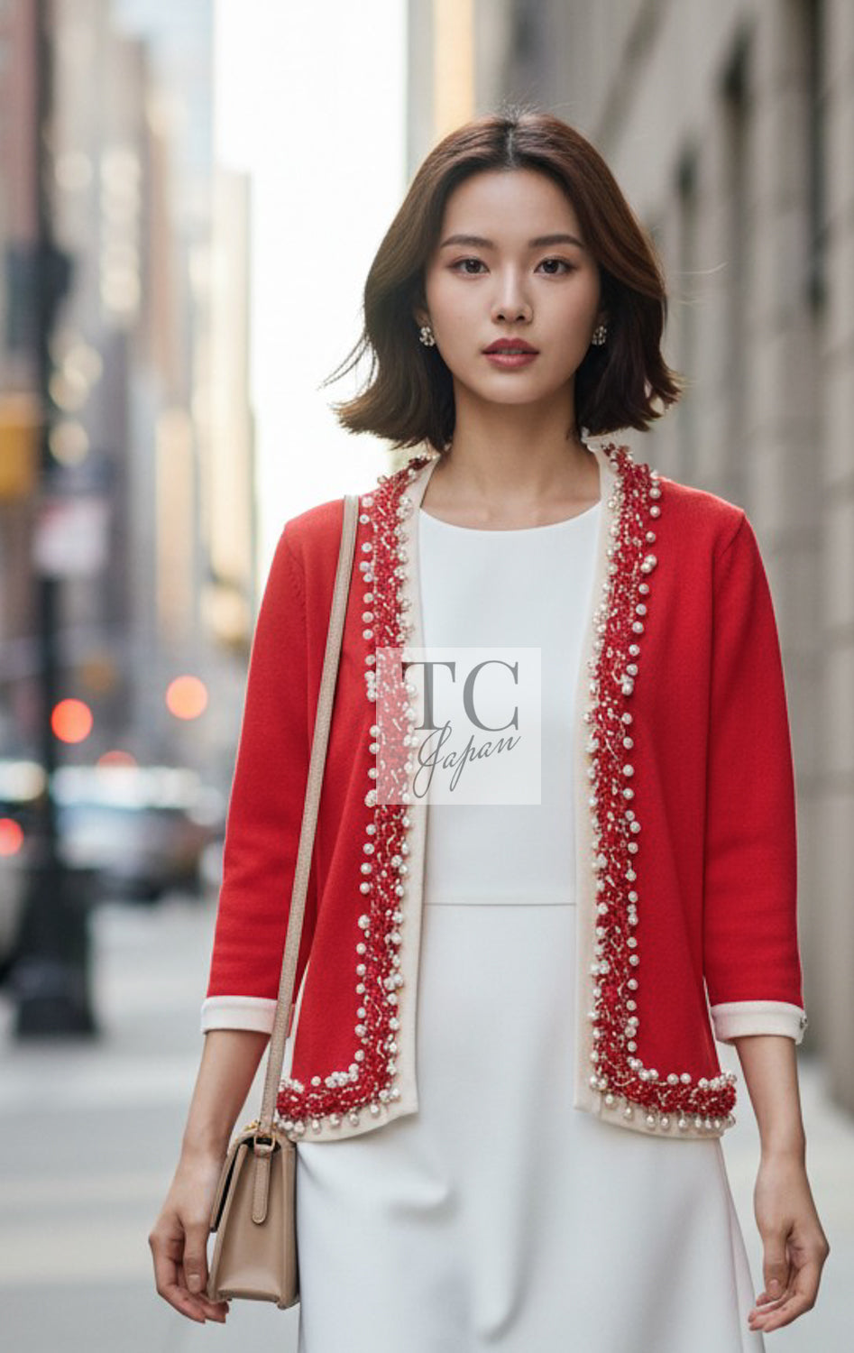 CHANEL Cardigan 10S Red Pearl Trimming Cashmere 100% Knit 38 40 | UK