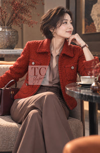 シャネル コート ジャケット CHANEL 19A コーラル レッド ジッパー ウール ツイード 36 38 42