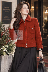 シャネル コート ジャケット CHANEL 19A コーラル レッド ジッパー ウール ツイード 36 38 42