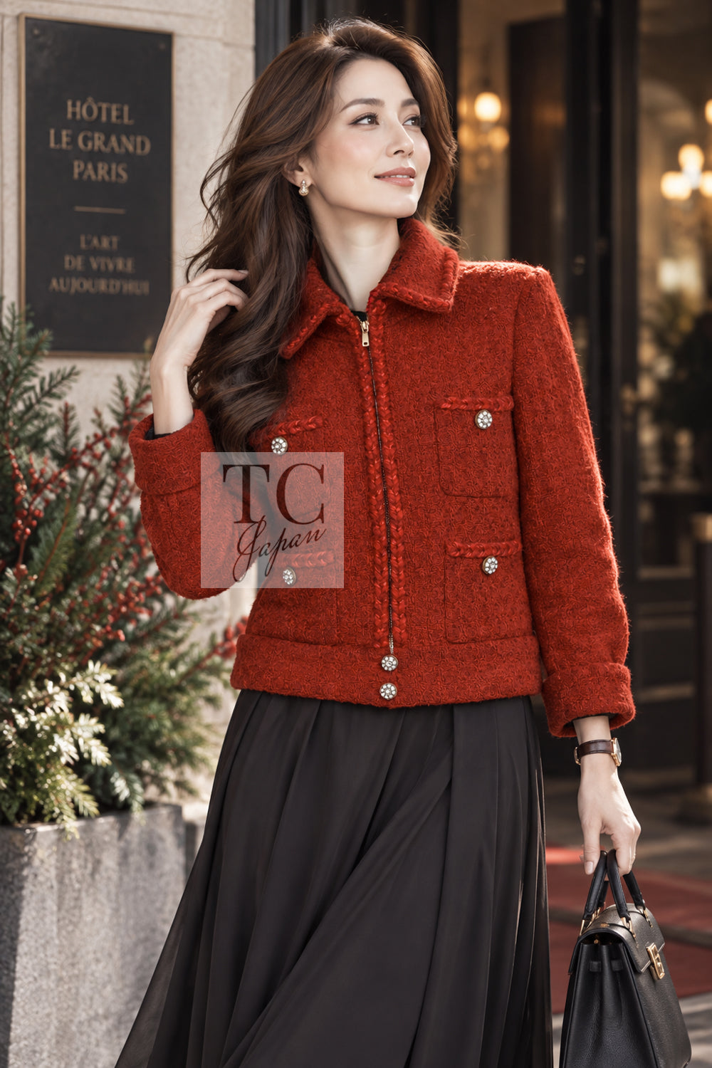 シャネル コート ジャケット CHANEL 19A コーラル レッド ジッパー ウール ツイード 36 38 42