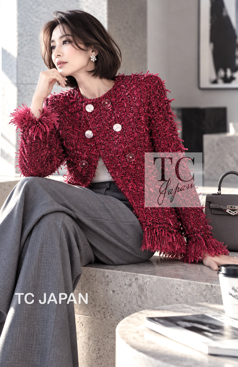 CHANEL Jacket 17PF Magenta Red Pink Fringe Trim Fantasy Tweed 40 | UK