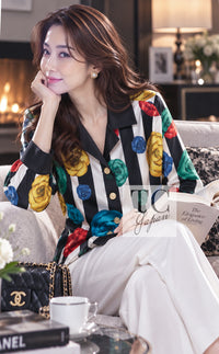 CHANEL Jacket 88S Vintage Black Bold Striped Camellia Print Cotton Runway Shirt 36 38 | HK