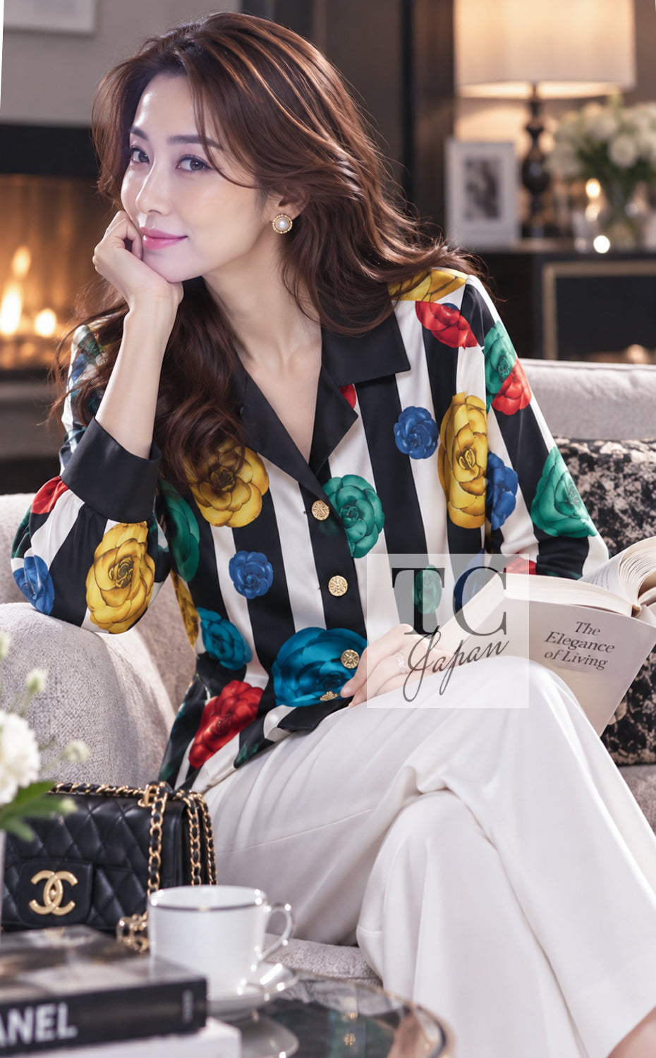 CHANEL Jacket 88S Vintage Black Bold Striped Camellia Print Cotton Runway Shirt 36 38 | HK
