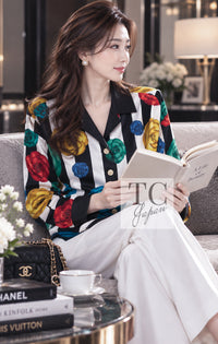 CHANEL Jacket 88S Vintage Black Bold Striped Camellia Print Cotton Runway Shirt 36 38 | HK