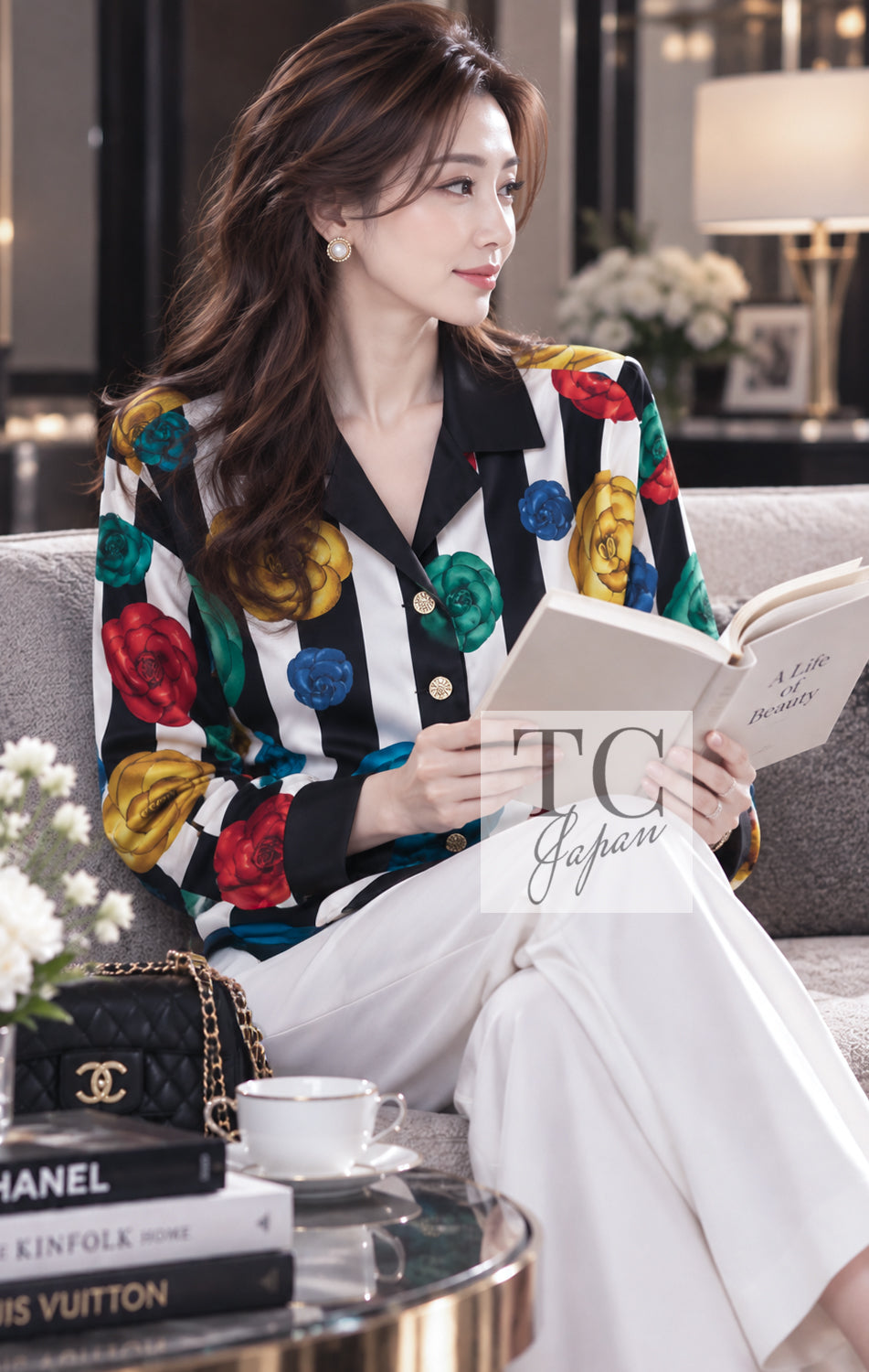 CHANEL Jacket 88S Vintage Black Bold Striped Camellia Print Cotton Runway Shirt 36 38 | HK